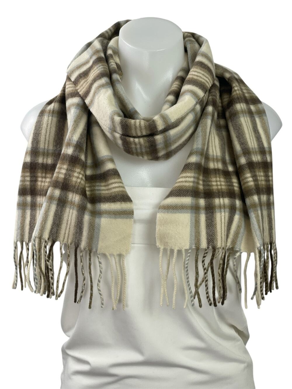 Lochmere Women's Beige 100% Cashmere Plaid Fringe Shawl Neck Scarf Size OS